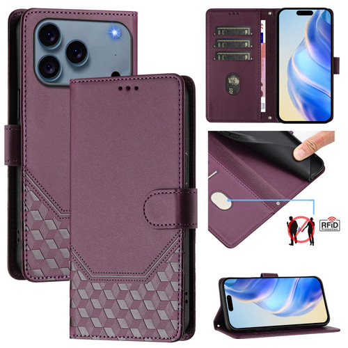 iPhone 17 Pro Max Honeycomb Embossing RFID Leather Phone Case - Violet