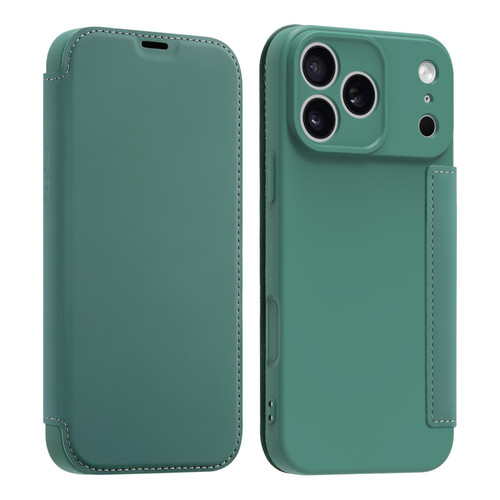 iPhone 17 Pro Max Imitate Liquid Skin Feel Leather Phone Case with Card Slots - Dark Green