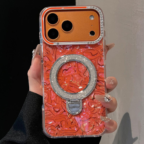 iPhone 17 Pro Max Ink Rhythm Colorful Shell Pattern TPU Hybrid IMD Phone Case with Glitter Holder - Orange