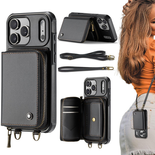iPhone 17 Pro Max JEEHOOD C22 Series Zipper Wallet Leather Phone Case with Dual Lanyard - Black