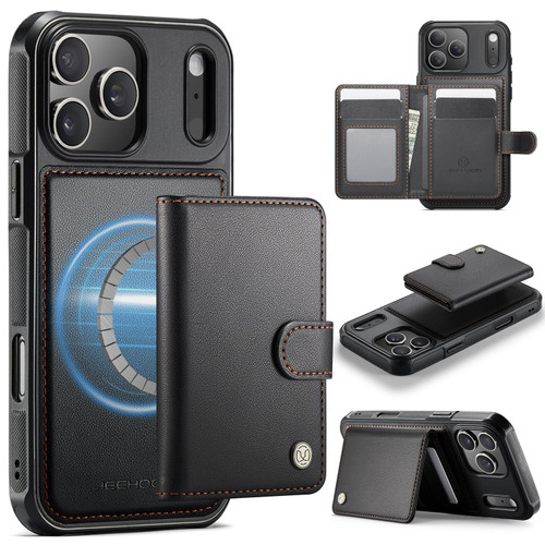 iPhone 17 Pro Max JEEHOOD J09 Buckle Card Bag MagSafe Magnetic Style RFID Leather Phone Case - Black