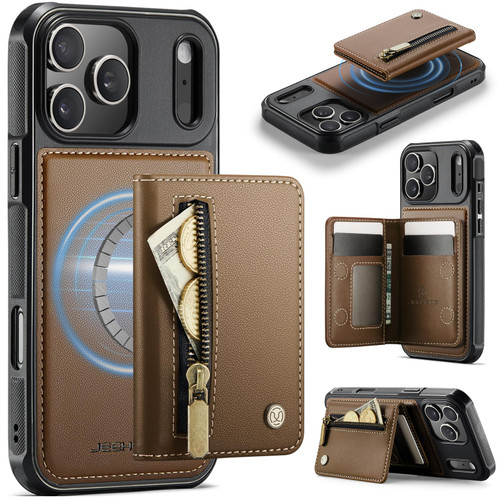 iPhone 17 Pro Max JEEHOOD J12 Exquisite RFID MagSafe Zipper Card Bag Phone Case - Brown