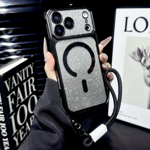 iPhone 17 Pro Max Large Window Glitter Gradient Matte Electroplated TPU MagSafe Phone Case with Hand Strap - Black