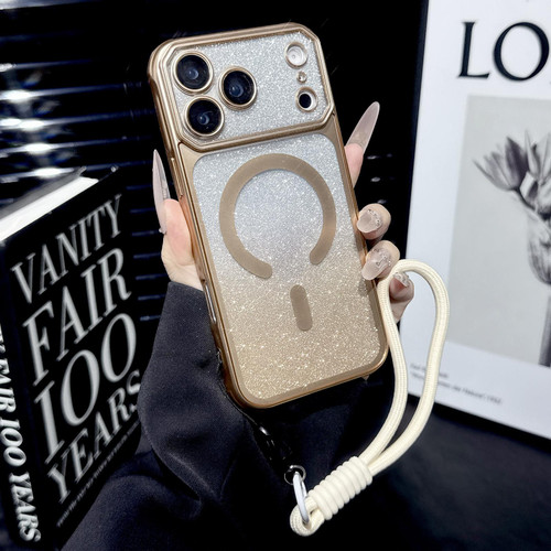 iPhone 17 Pro Max Large Window Glitter Gradient Matte Electroplated TPU MagSafe Phone Case with Hand Strap - Gold