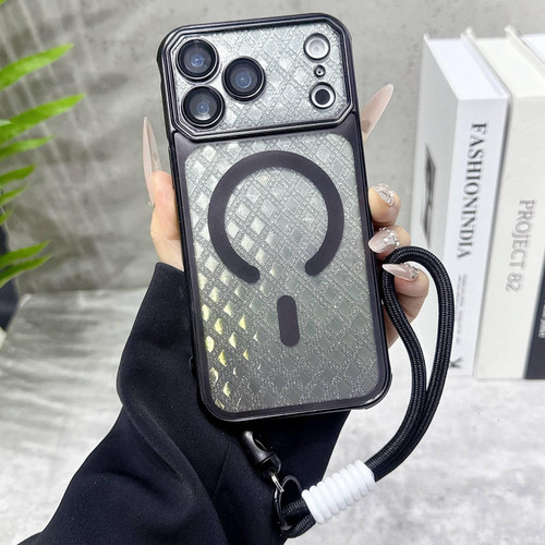 iPhone 17 Pro Max Large Window Rhombus Gradient Matte Electroplated TPU MagSafe Phone Case with Hand Strap - Black