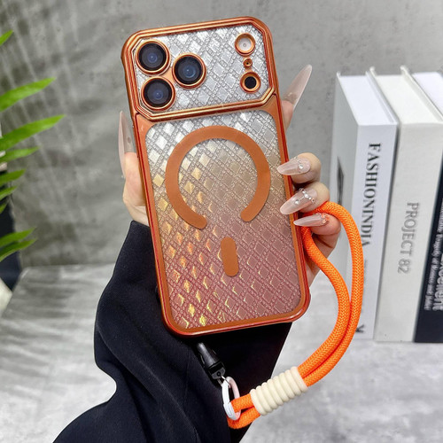 iPhone 17 Pro Max Large Window Rhombus Gradient Matte Electroplated TPU MagSafe Phone Case with Hand Strap - Orange