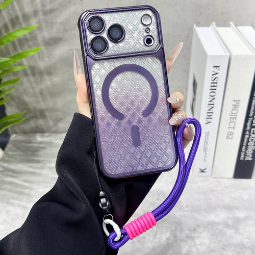 iPhone 17 Pro Max Large Window Rhombus Gradient Matte Electroplated TPU MagSafe Phone Case with Hand Strap - Purple