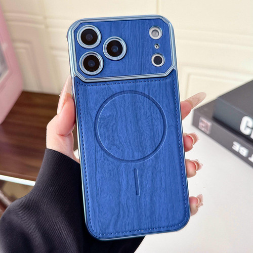 iPhone 17 Pro Max Large Window TPU Electroplated Wood Grain PU MagSafe Phone Case with Lens Film - Blue