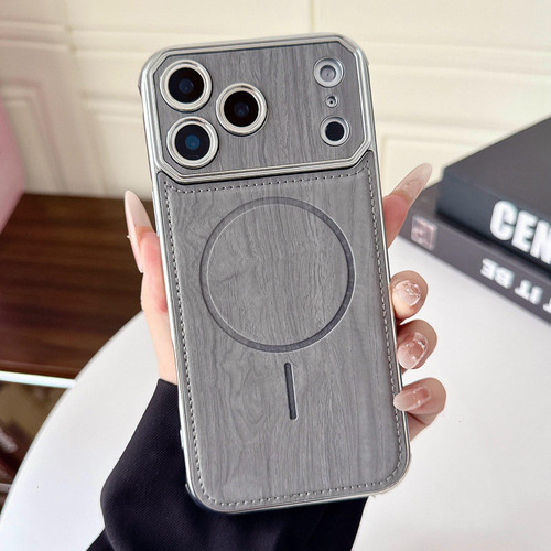 iPhone 17 Pro Max Large Window TPU Electroplated Wood Grain PU MagSafe Phone Case with Lens Film - Grey