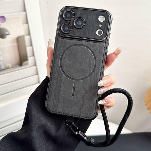 iPhone 17 Pro Max Large Window TPU Electroplated Wood Grain PU MagSafe Phone Case with Lens Film & Strap - Black
