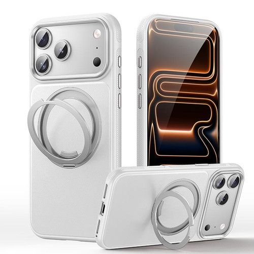 iPhone 17 Pro Max Leather Texture 360 Degrees Rotating Magnetic Holder Phone Case - Silver