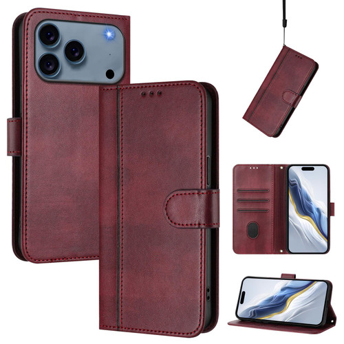 iPhone 17 Pro Max Line Splicing Buckle Retro Leather Phone Case - Wine Red