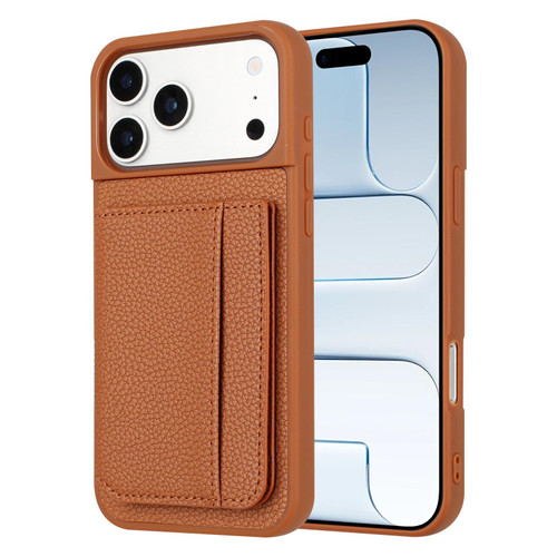 iPhone 17 Pro Max Litchi Pattern Magnetic Card Bag Holder Phone Case - Brown