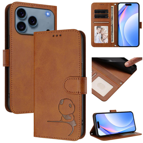 iPhone 17 Pro Max Litter Panda Embossing RFID Leather Phone Case with Lanyard - Brown