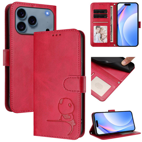 iPhone 17 Pro Max Litter Panda Embossing RFID Leather Phone Case with Lanyard - Rose Red