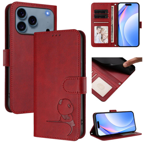 iPhone 17 Pro Max Litter Panda Embossing RFID Leather Phone Case with Lanyard - Wine Red