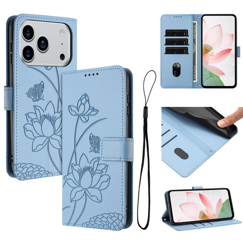 iPhone 17 Pro Max Lotus Embossed Leather Phone Case with Lanyard - Blue