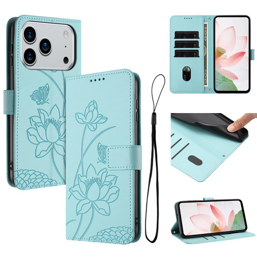 iPhone 17 Pro Max Lotus Embossed Leather Phone Case with Lanyard - Green