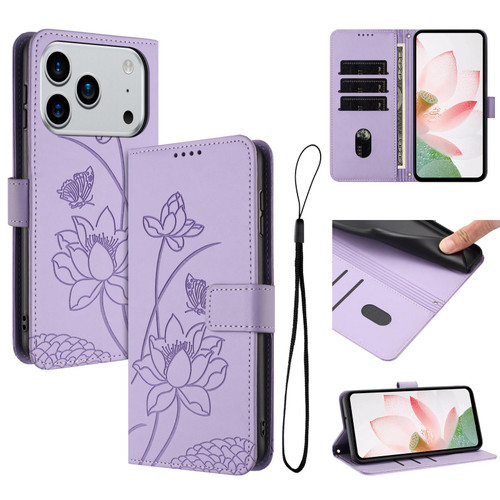 iPhone 17 Pro Max Lotus Embossed Leather Phone Case with Lanyard - Purple
