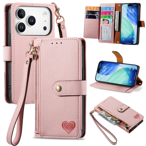 iPhone 17 Pro Max Love Zipper Lanyard Leather Phone Case - Pink