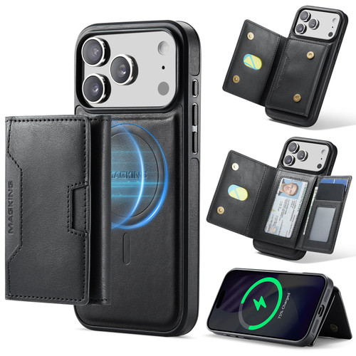 iPhone 17 Pro Max MAGKING K4 Series MagSafe RFID Tri-fold Card Bag Detachable Phone Case - Black