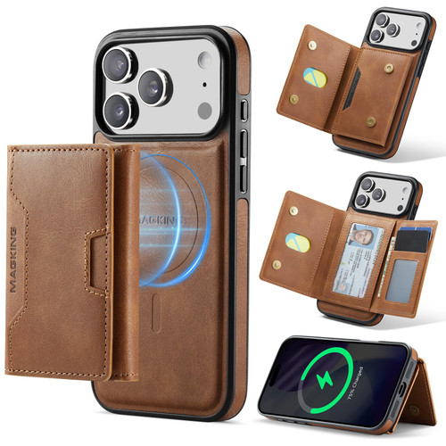 iPhone 17 Pro Max MAGKING K4 Series MagSafe RFID Tri-fold Card Bag Detachable Phone Case - Brown