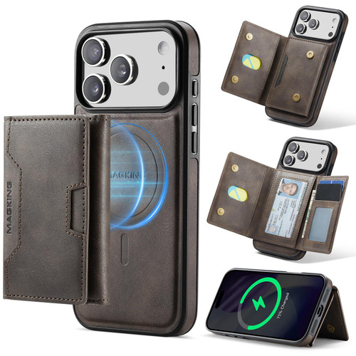iPhone 17 Pro Max MAGKING K4 Series MagSafe RFID Tri-fold Card Bag Detachable Phone Case - Coffee