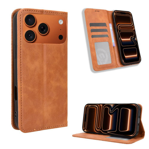 iPhone 17 Pro Max Magnetic Buckle Retro Texture Leather Phone Case - Brown