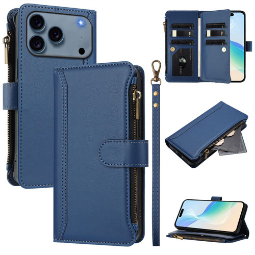 iPhone 17 Pro Max Magnetic Closure 9 Card Slots Zipper Leather Case with Hand Strap - Dark Blue
