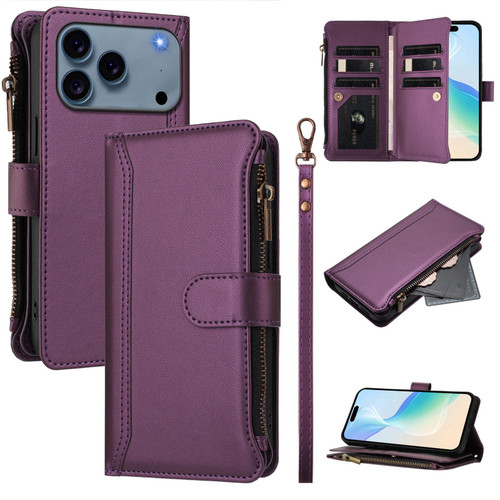 iPhone 17 Pro Max Magnetic Closure 9 Card Slots Zipper Leather Case with Hand Strap - Purple