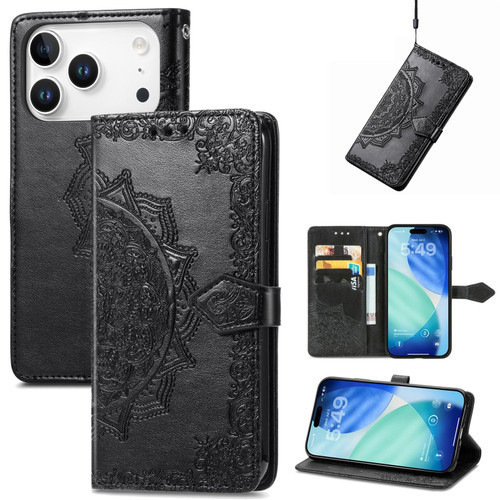 iPhone 17 Pro Max Mandala Flower Embossed Leather Phone Case - Black
