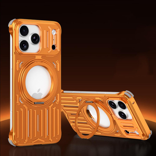 iPhone 17 Pro Max Mech Series Cooling Rotating Holder Metal Frameless Phone Case - Orange