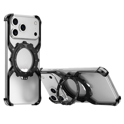 iPhone 17 Pro Max Mechanical Gear MagSafe Holder Borderless Metal Phone Case - Black