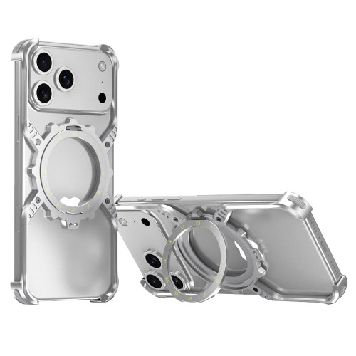 iPhone 17 Pro Max Mechanical Gear MagSafe Holder Borderless Metal Phone Case - Silver