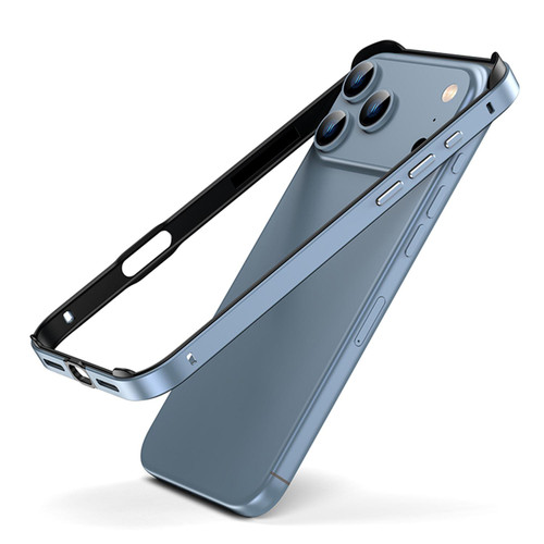 iPhone 17 Pro Max Metal Hybrid Silicone Four-Corner Shockproof Cooling Phone Frame Case - Black vinyl + Peak Blue