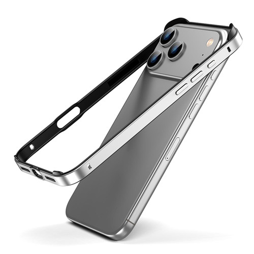 iPhone 17 Pro Max Metal Hybrid Silicone Four-Corner Shockproof Cooling Phone Frame Case - Black vinyl + Silver