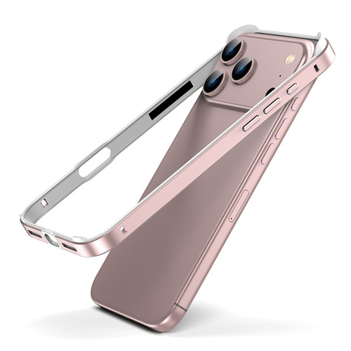 iPhone 17 Pro Max Metal Hybrid Silicone Four-Corner Shockproof Cooling Phone Frame Case - White vinyl + Rose Pink