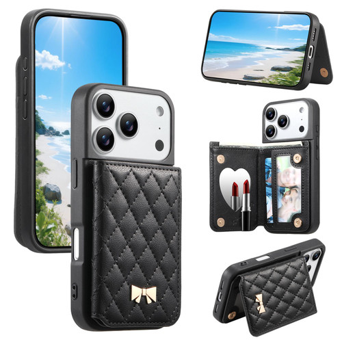 iPhone 17 Pro Max Mirror Rhombic Texture Metal Bow-knot Vegan Leather Card Bag Phone Case - Black