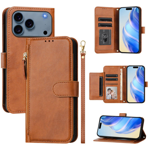 iPhone 17 Pro Max Multi-Card Slots Zipper Wallet Leather Phone Case - Brown