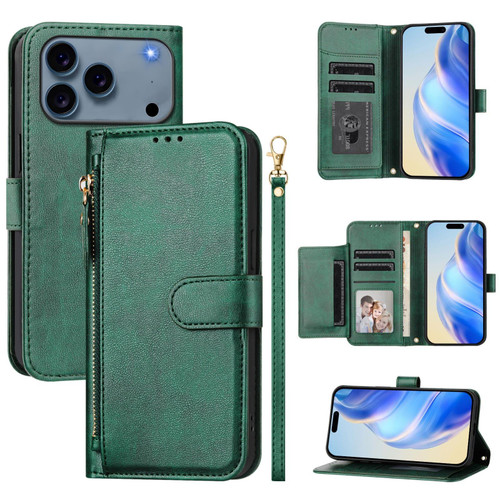 iPhone 17 Pro Max Multi-Card Slots Zipper Wallet Leather Phone Case - Green