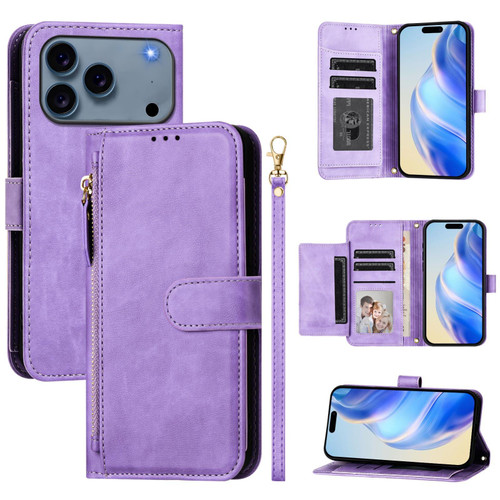 iPhone 17 Pro Max Multi-Card Slots Zipper Wallet Leather Phone Case - Purple