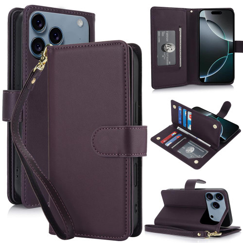 iPhone 17 Pro Max Multi-Card Wallet RFID Leather Phone Case - Dark Purple