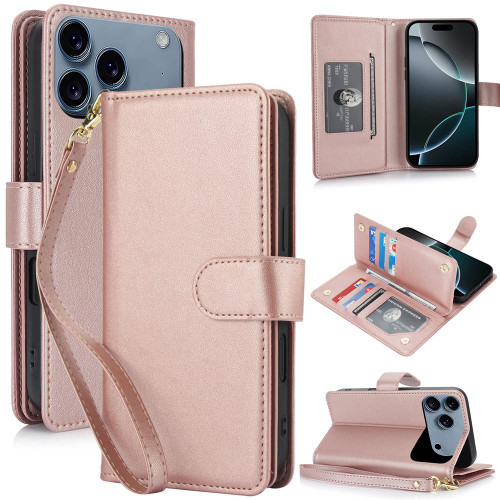 iPhone 17 Pro Max Multi-Card Wallet RFID Leather Phone Case - Rose Gold