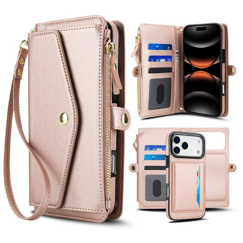 iPhone 17 Pro Max Multifunctional Wallet Detachable Leather Phone Case with Lanyard - Rose Gold