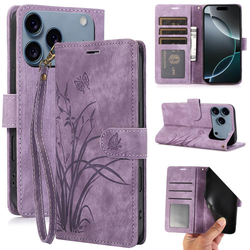 iPhone 17 Pro Max Orchid Butterfly Embossed Leather Phone Case - Purple