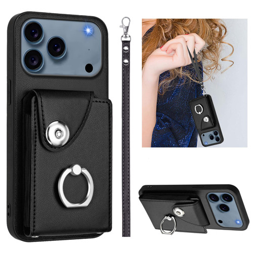 iPhone 17 Pro Max Organ Card Bag Ring Holder PU Phone Case with Lanyard - Black