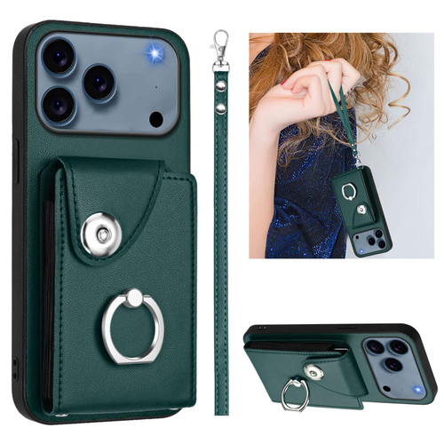 iPhone 17 Pro Max Organ Card Bag Ring Holder PU Phone Case with Lanyard - Green