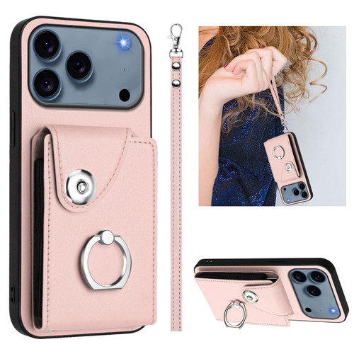 iPhone 17 Pro Max Organ Card Bag Ring Holder PU Phone Case with Lanyard - Pink