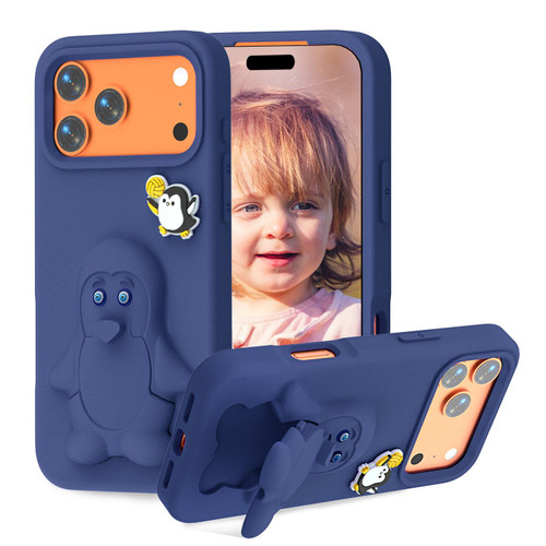 iPhone 17 Pro Max Penguin Baby EVA Shockproof Phone Case with Holder - Navy Blue
