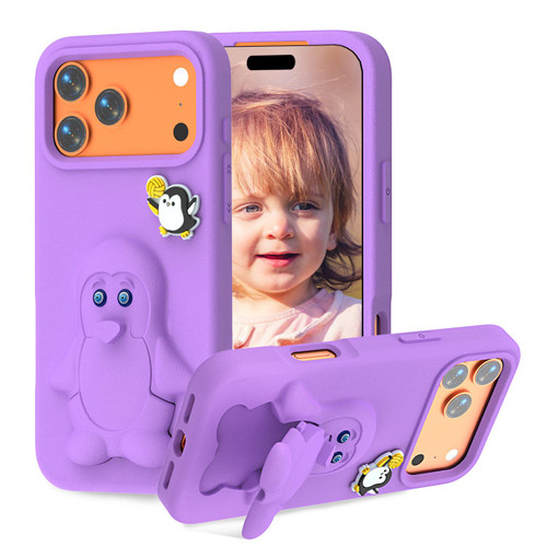 iPhone 17 Pro Max Penguin Baby EVA Shockproof Phone Case with Holder - Purple